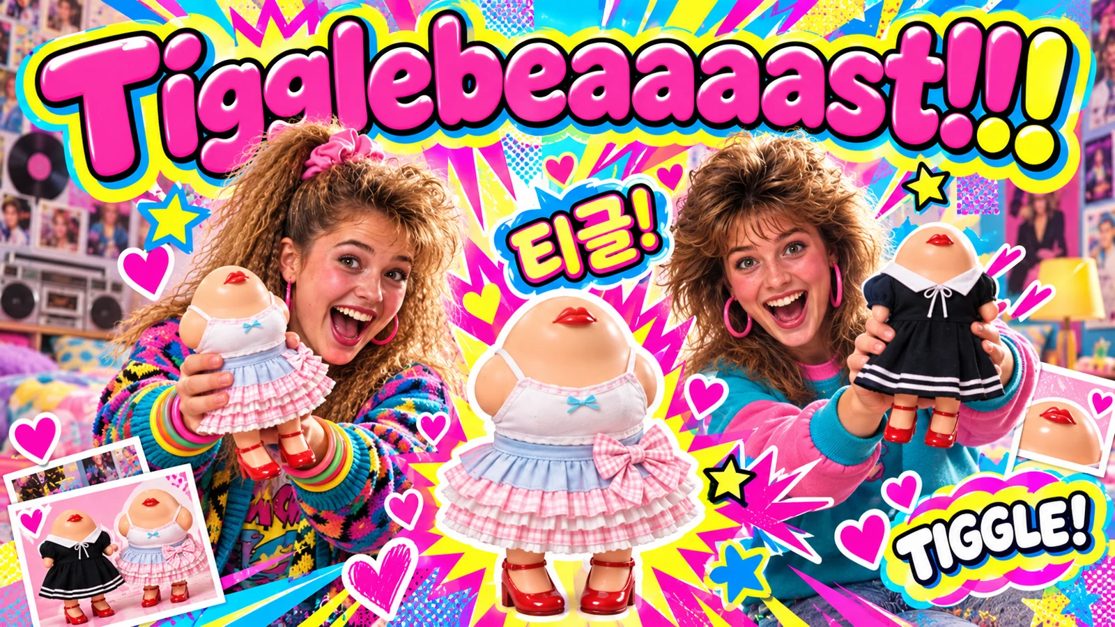 Tigglebeast toy commercial with colorful characters, neon hearts and joyful 90s hosts